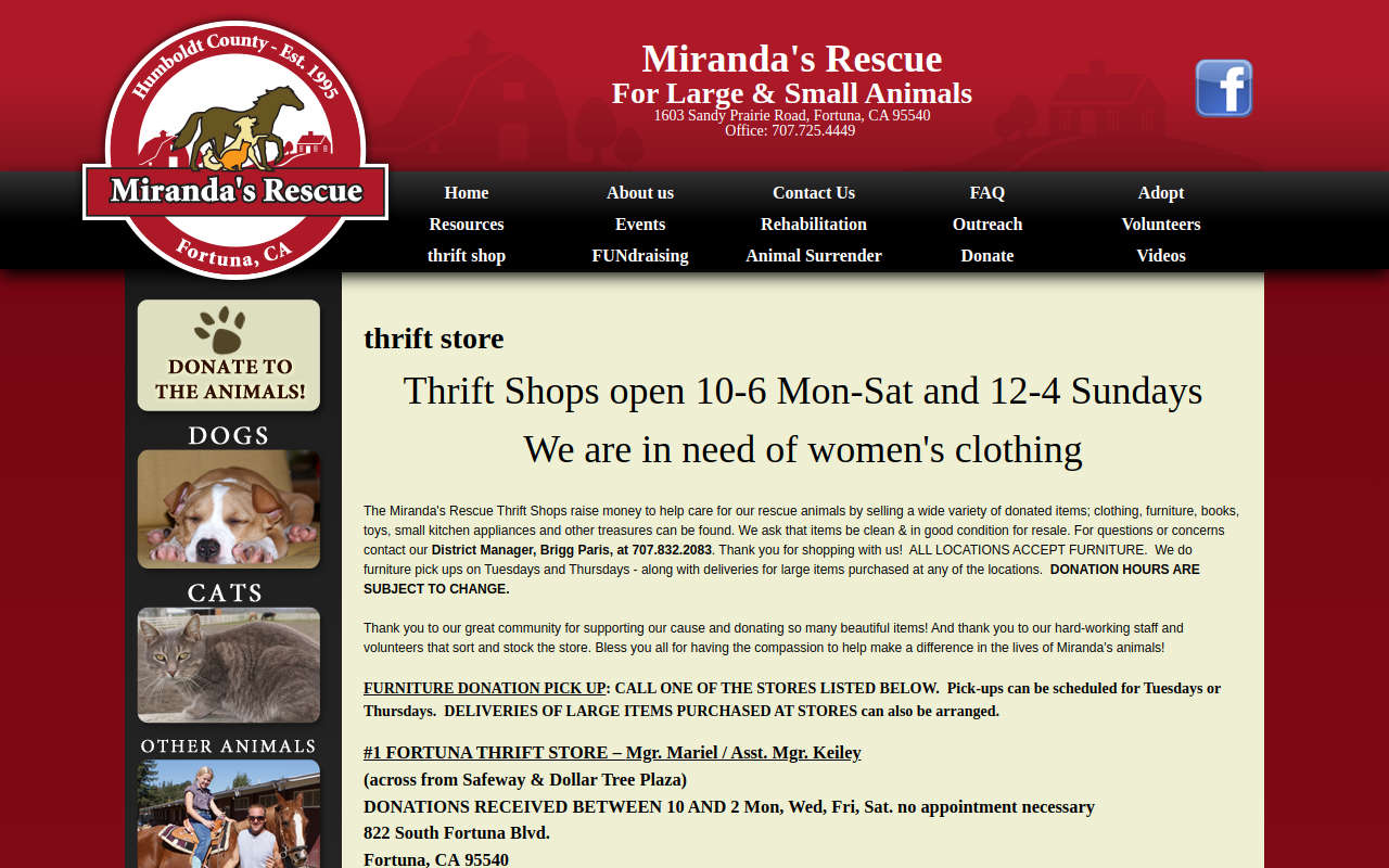 Miranda's Rescue Thrift Store website preview