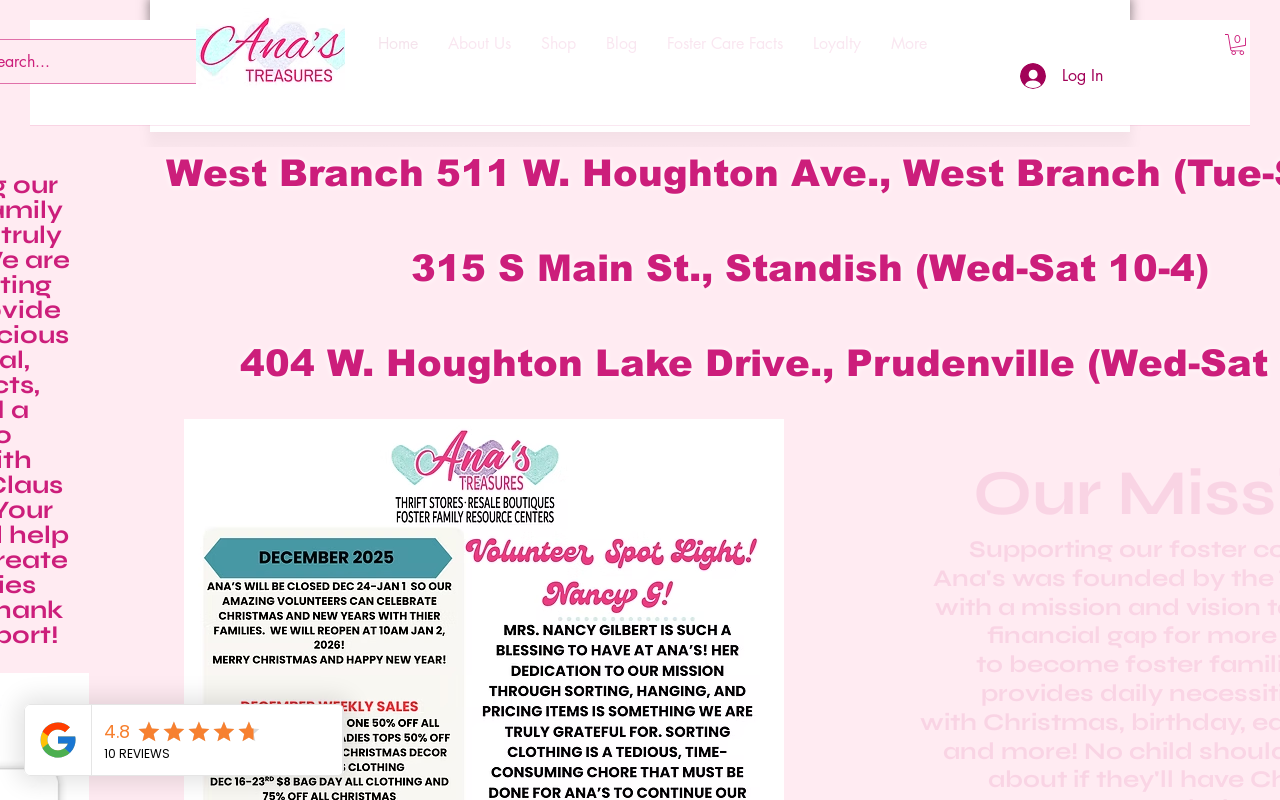 Ana’s Treasures Thrift Store website preview