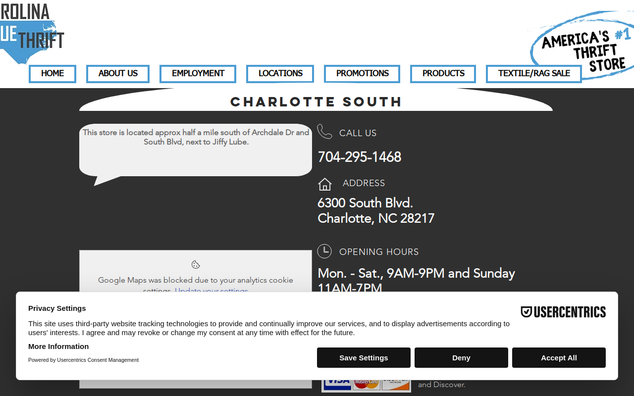 Carolina Value Thrift - Charlotte South website preview
