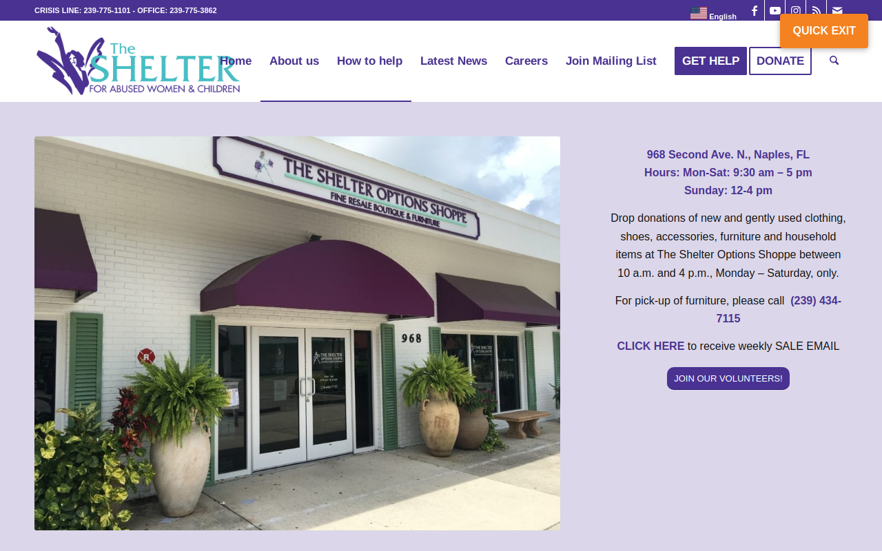 The Shelter Options Shoppe website preview