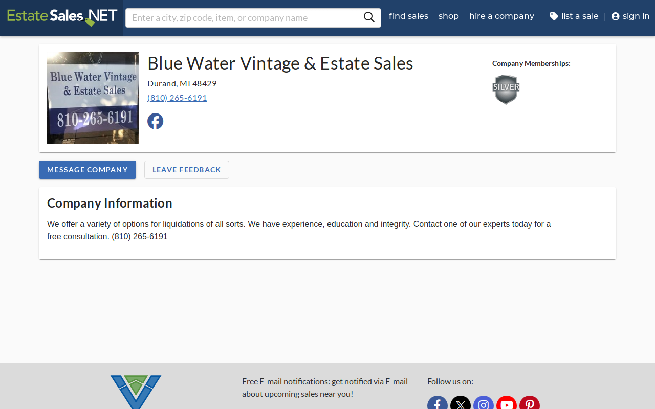 Blue Water Vintage & Estate Sales website preview