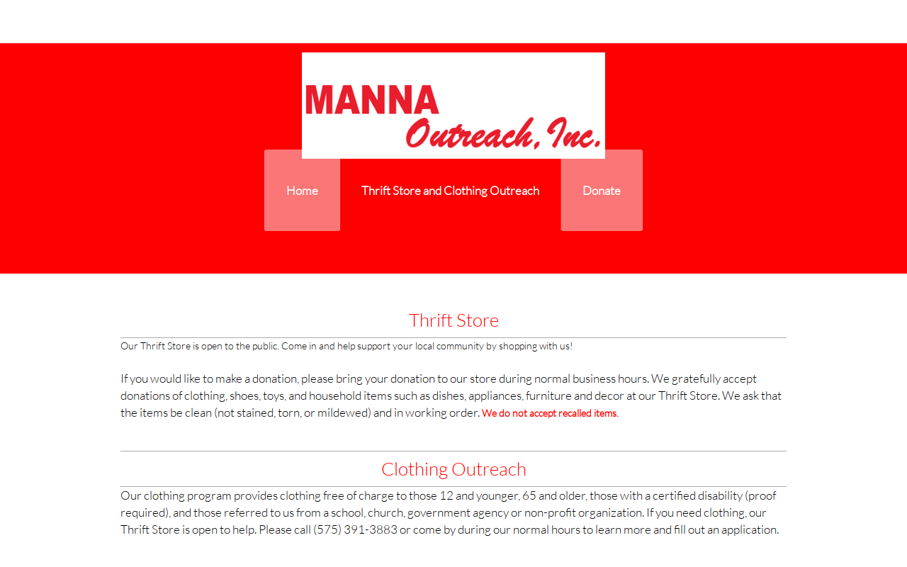 Manna Outreach Thrift Store website preview