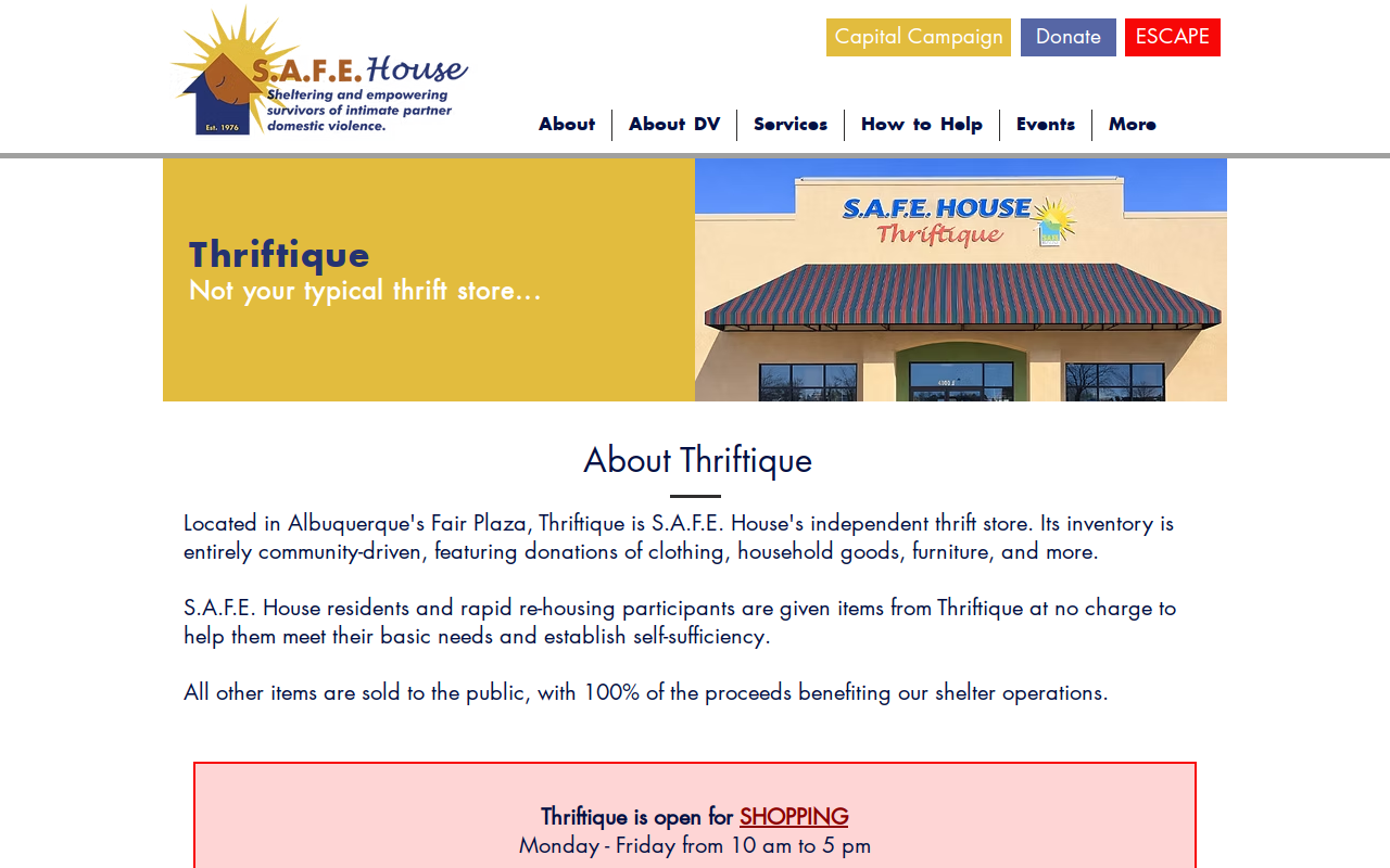 SAFE House Thrift Store website preview
