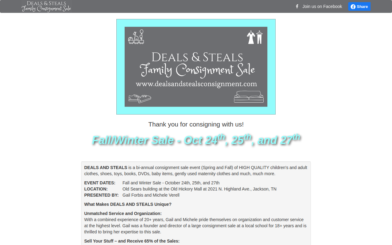 Deals & Steals Family Consignment Sale website preview