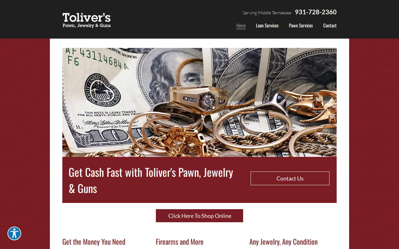 Toliver's Pawn Jewelry And Guns website preview