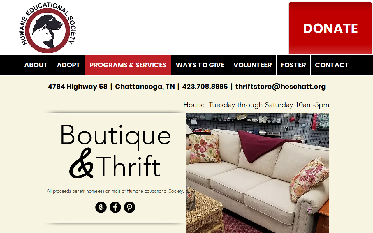 Humane Educational Society Boutique & Thrift website preview