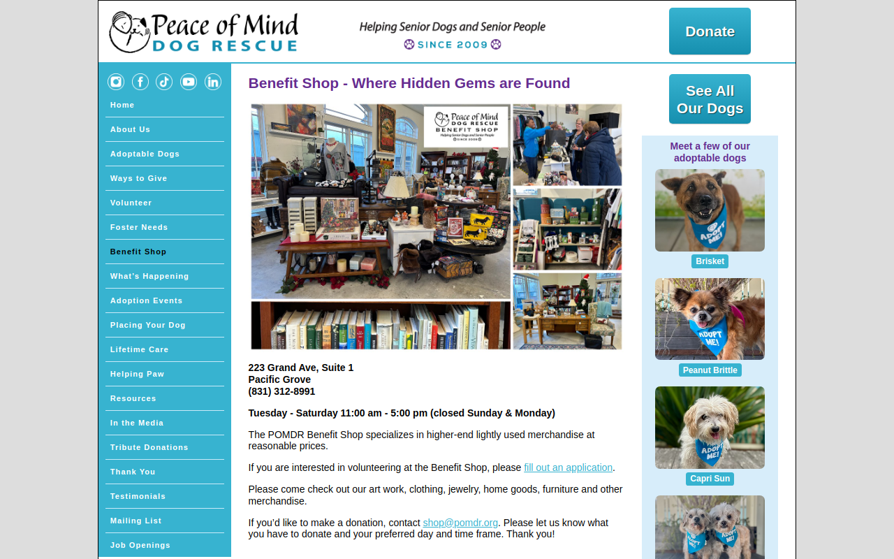 Peace of Mind Dog Rescue Benefit Shop website preview