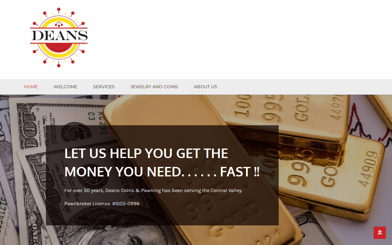 Deans Pawning & Instant Cash / Deans Coins website preview