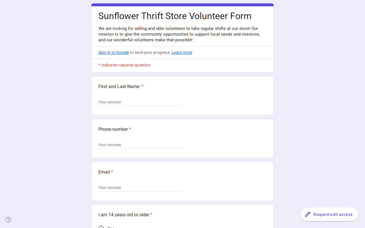 Sunflower Thrift Store website preview