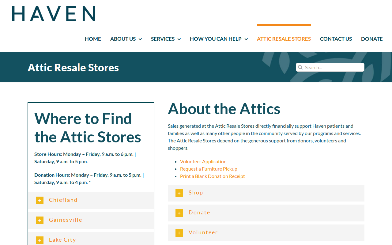 Haven - Palatka Attic Resale Store website preview
