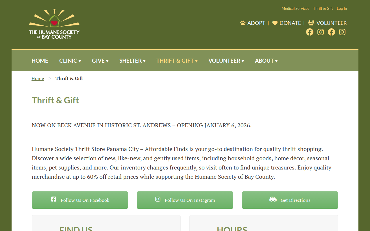 Thrift & Gift Store for the Humane Society of Bay County website preview