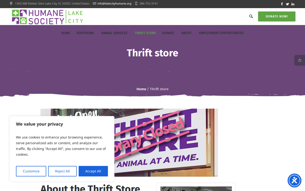 Lake City Humane Society Thrift Store website preview