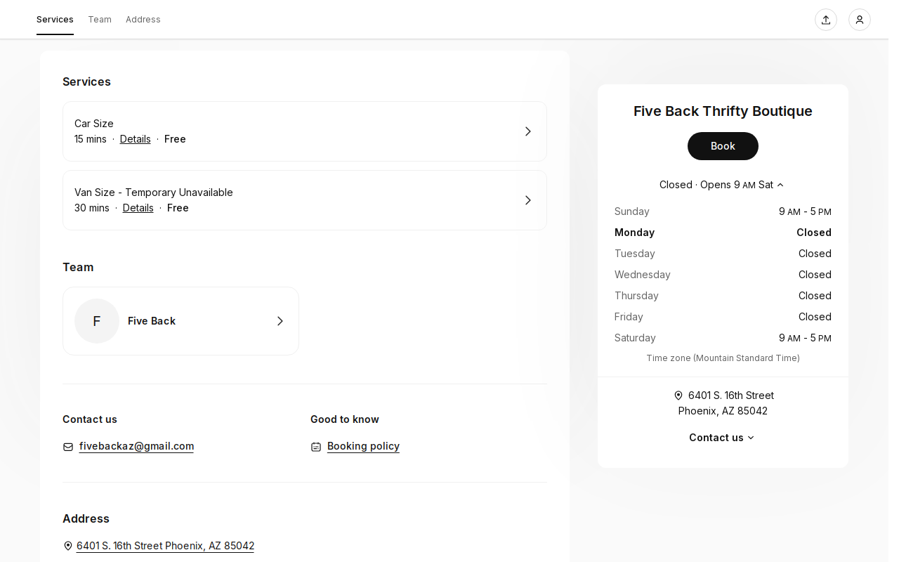 Five Back Thrifty Boutique website preview