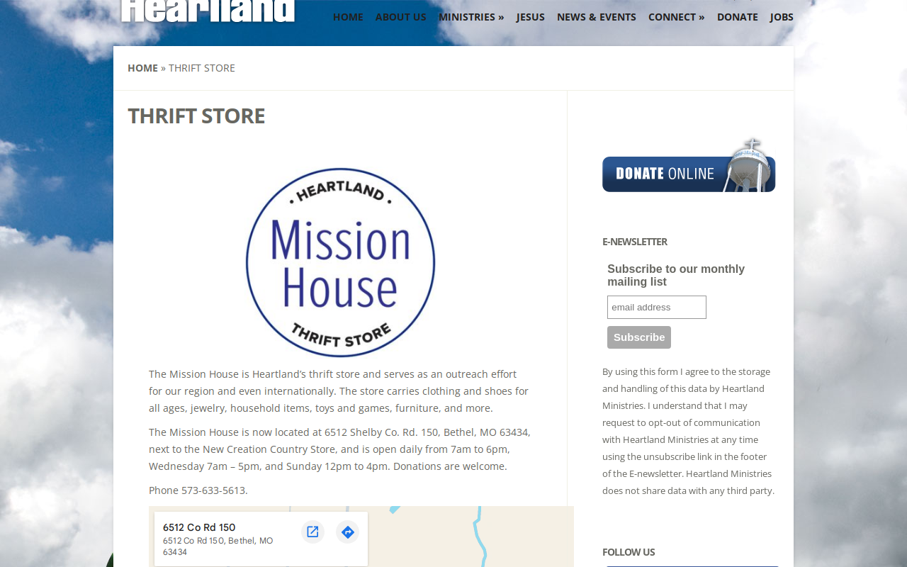 Mission House Thrift Store website preview
