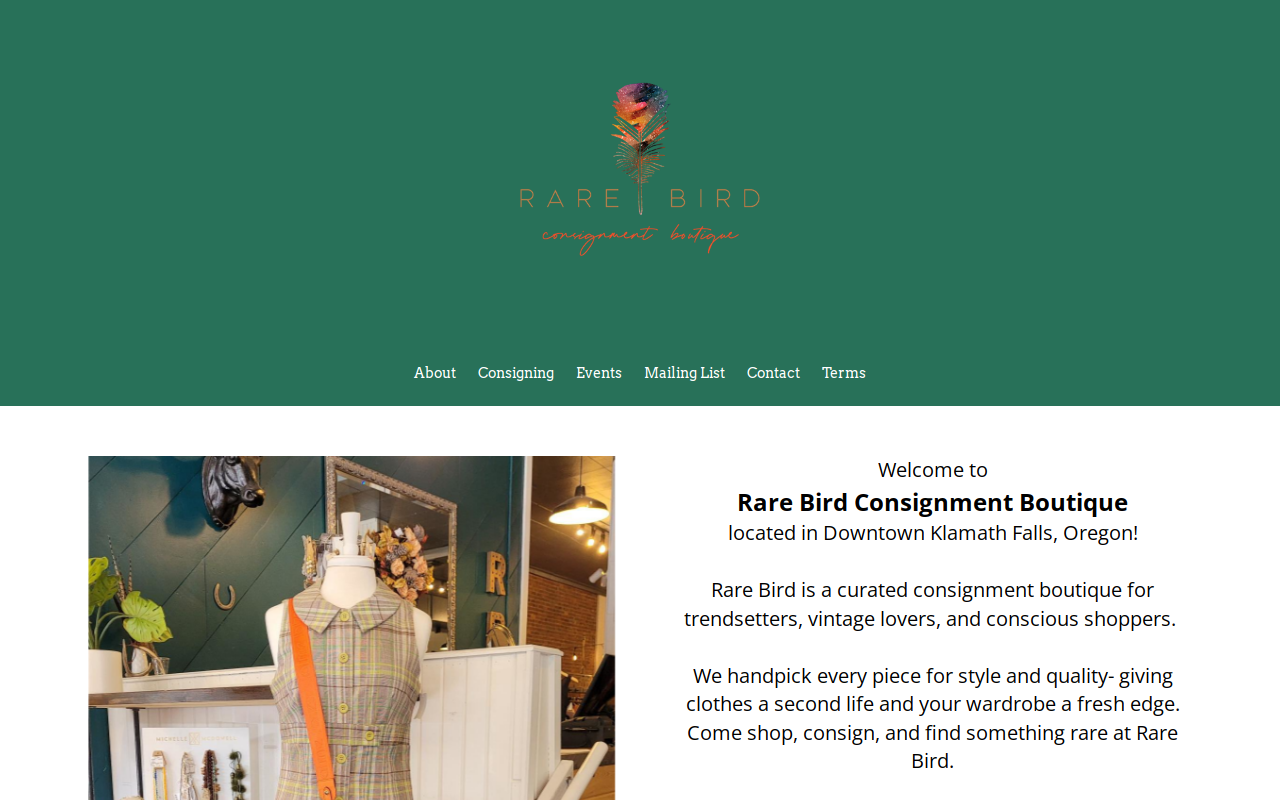 Rare Bird Consignment Boutique website preview