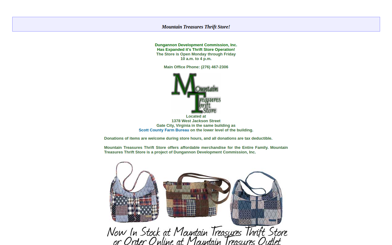Mountain Treasures Thrift Store website preview