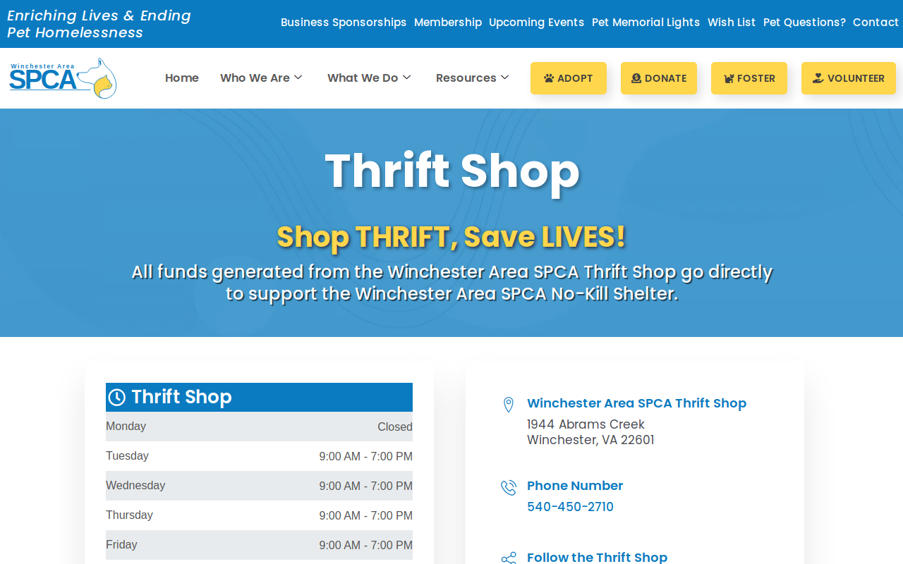 WASPCA Thrift Shop website preview