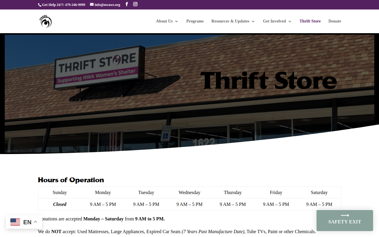 Northwest Arkansas Women's Shelter Thrift Store website preview