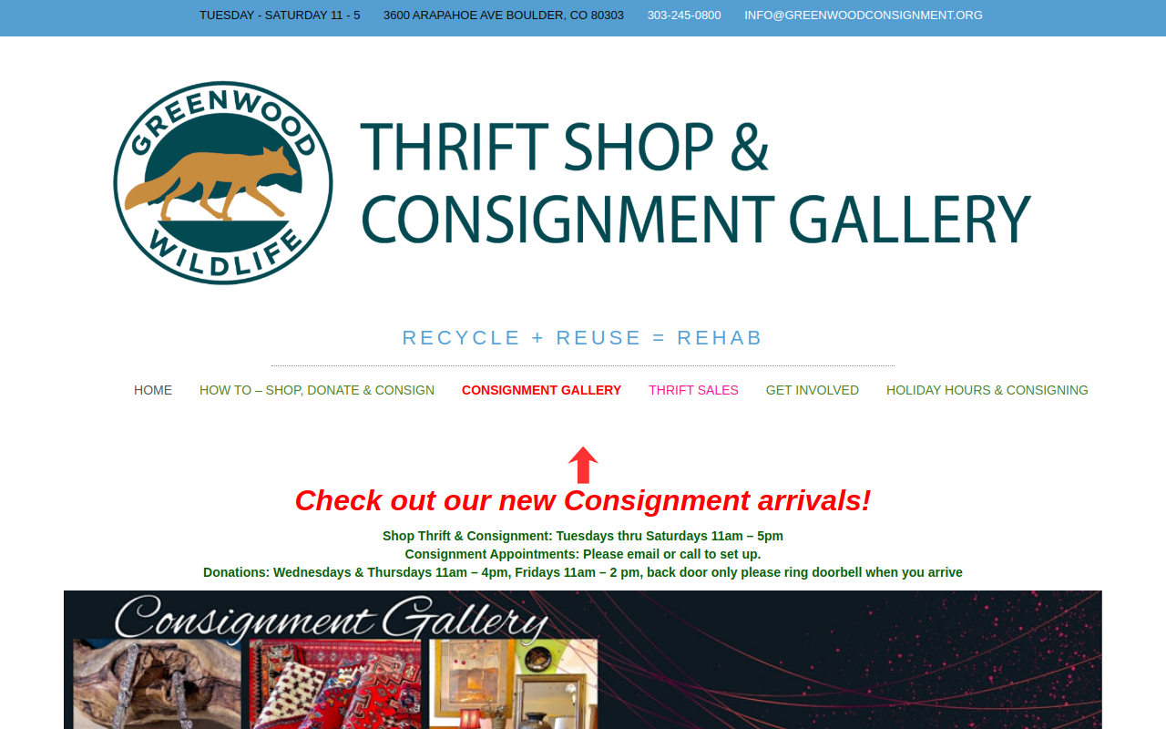 Greenwood Wildlife Thrift Shop and Consignment Gallery website preview