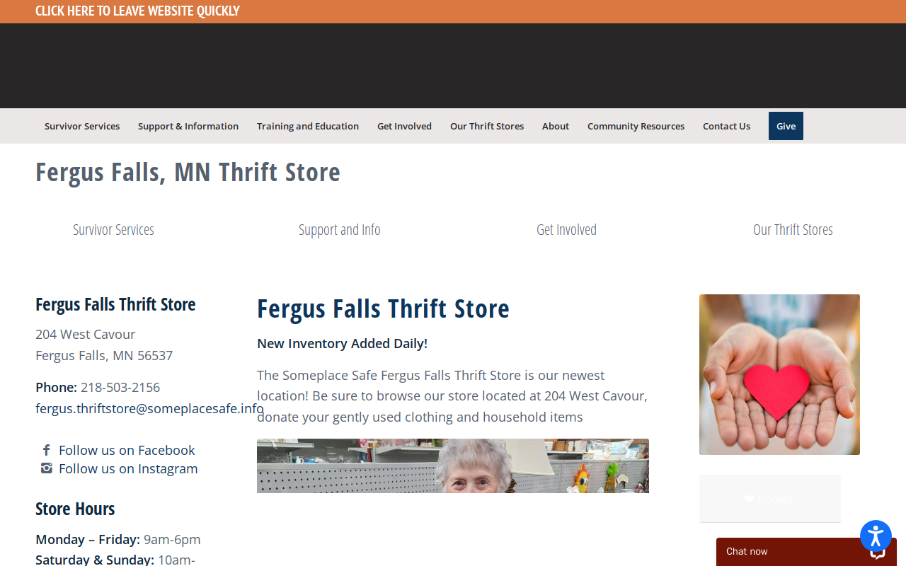 Someplace Safe Fergus Falls Thrift Store website preview