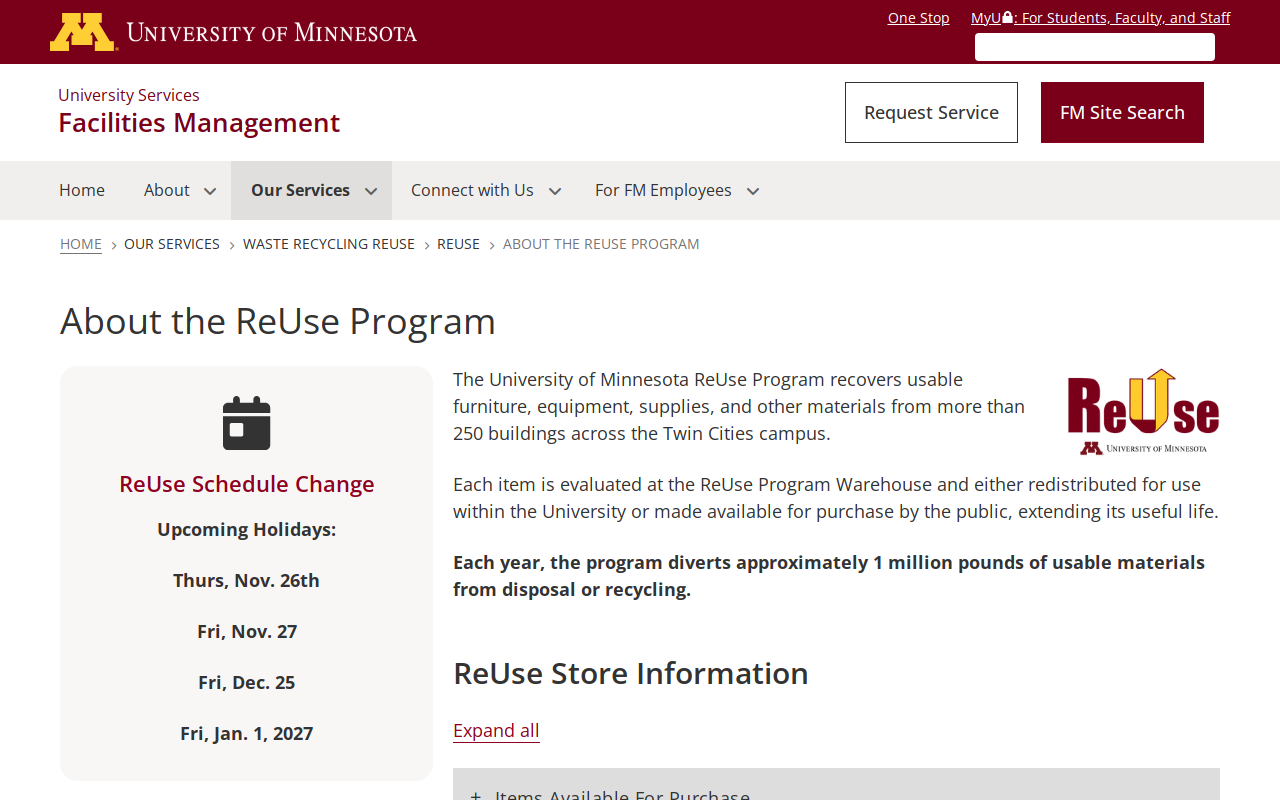 University of Minnesota ReUse Program website preview