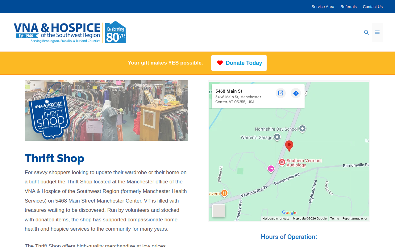 Thrift Shop at VNA & Hospice of the Southwest Region website preview