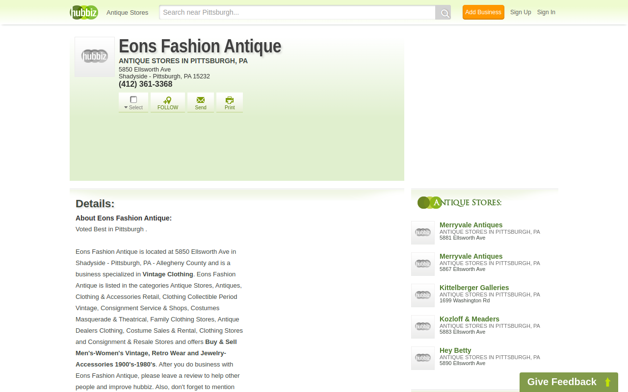 Eons Fashion Antique website preview