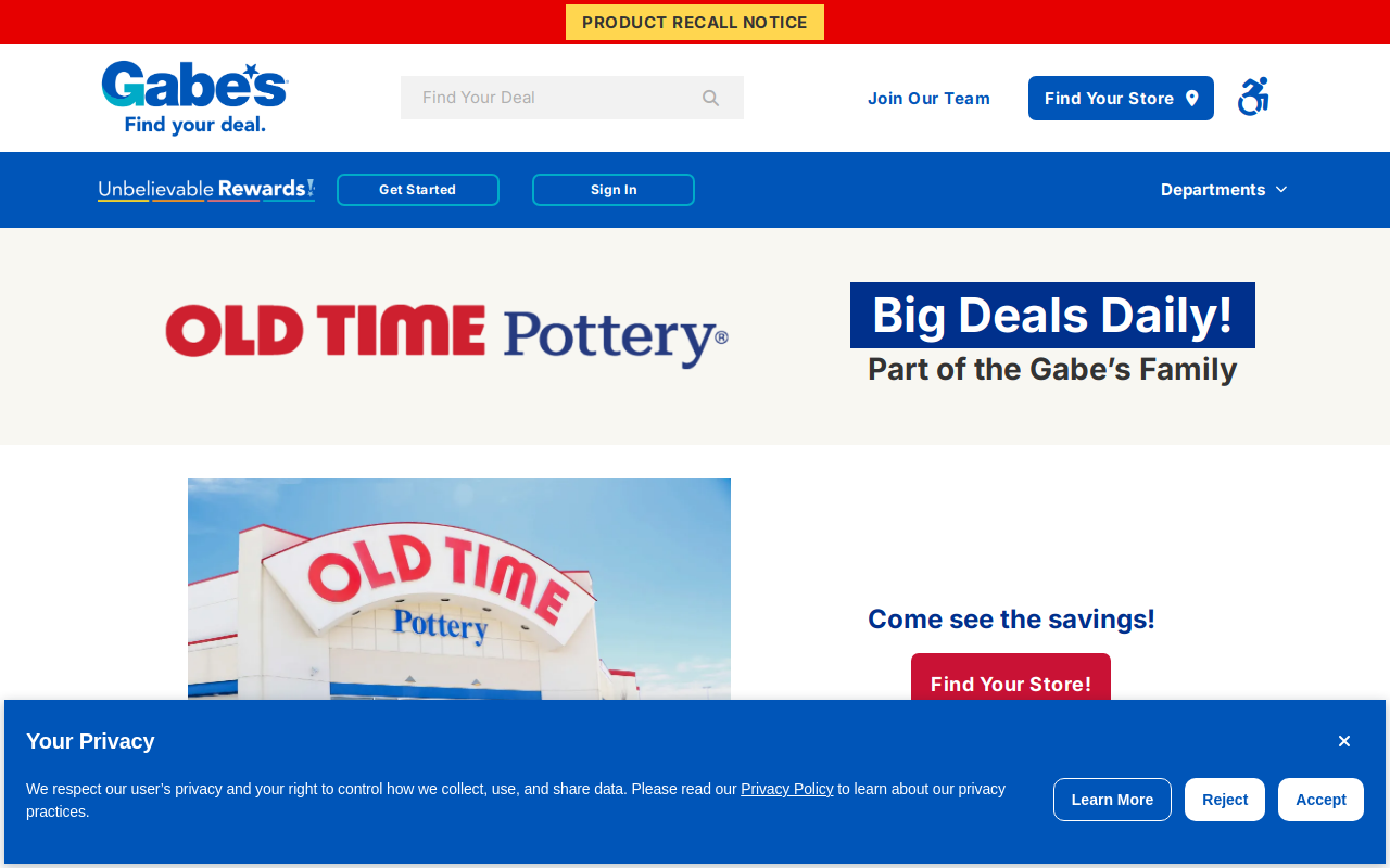 Old Time Pottery website preview