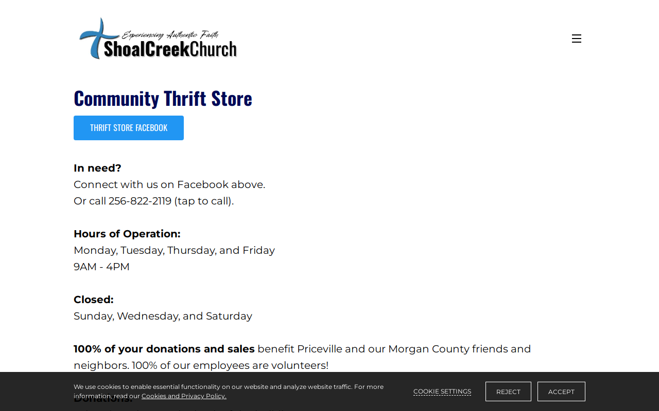 Priceville Community Thrift Store website preview