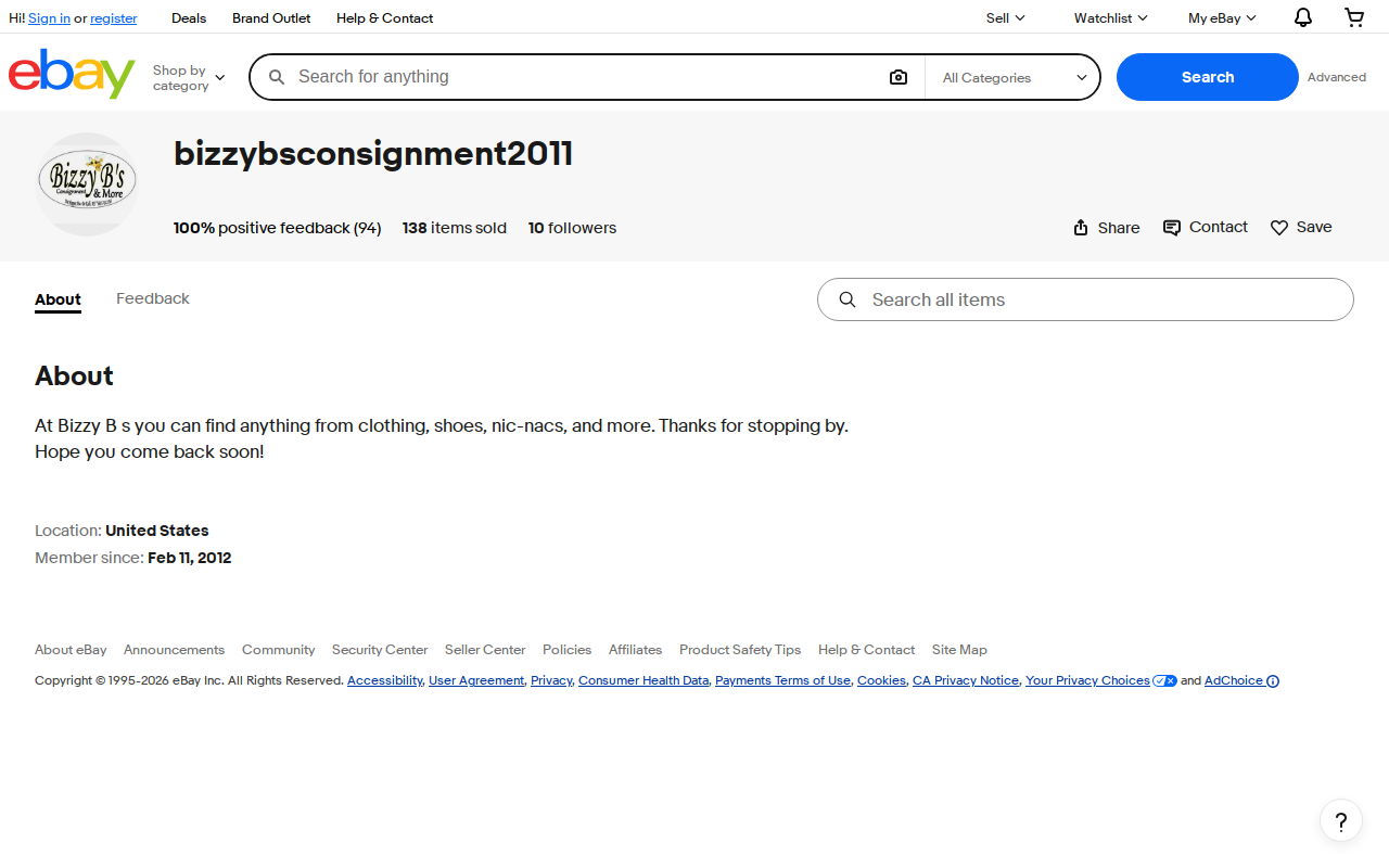 Bizzy B's Consignment website preview
