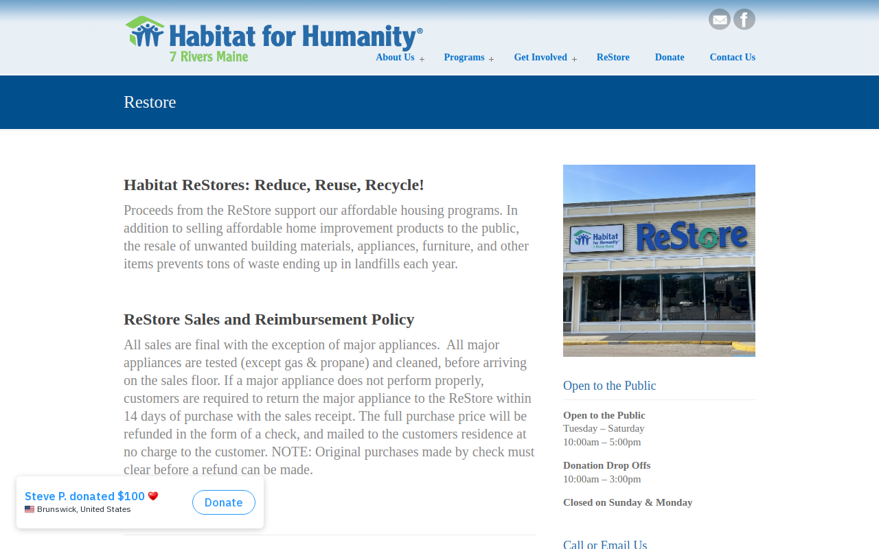 Habitat for Humanity 7 Rivers ME ReStore website preview